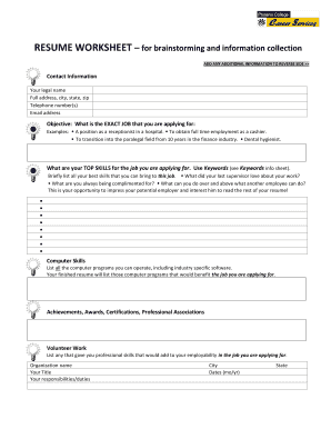 Resume Brainstorming Worksheet Form