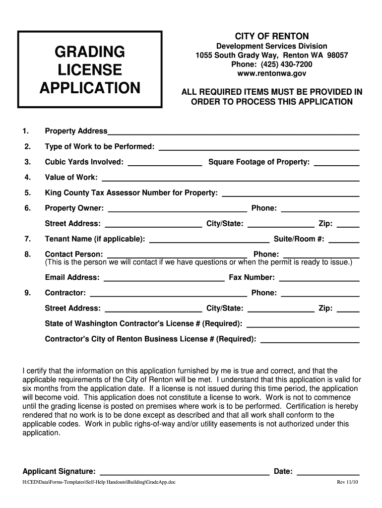 GRADING LICENSE APPLICATION  Rentonwa  Form