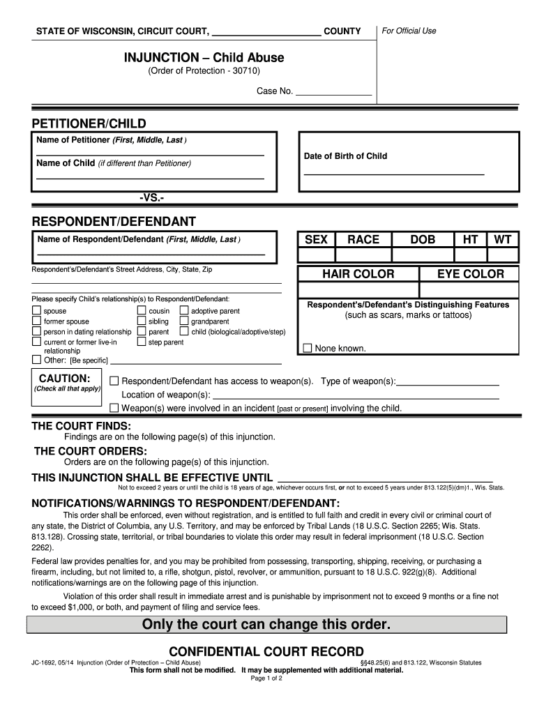 JC  1692 Injunction Child Abuse  Wicourts  Form