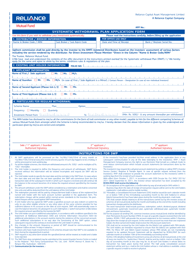 SWP Application Form  Reliance Mutual Fund