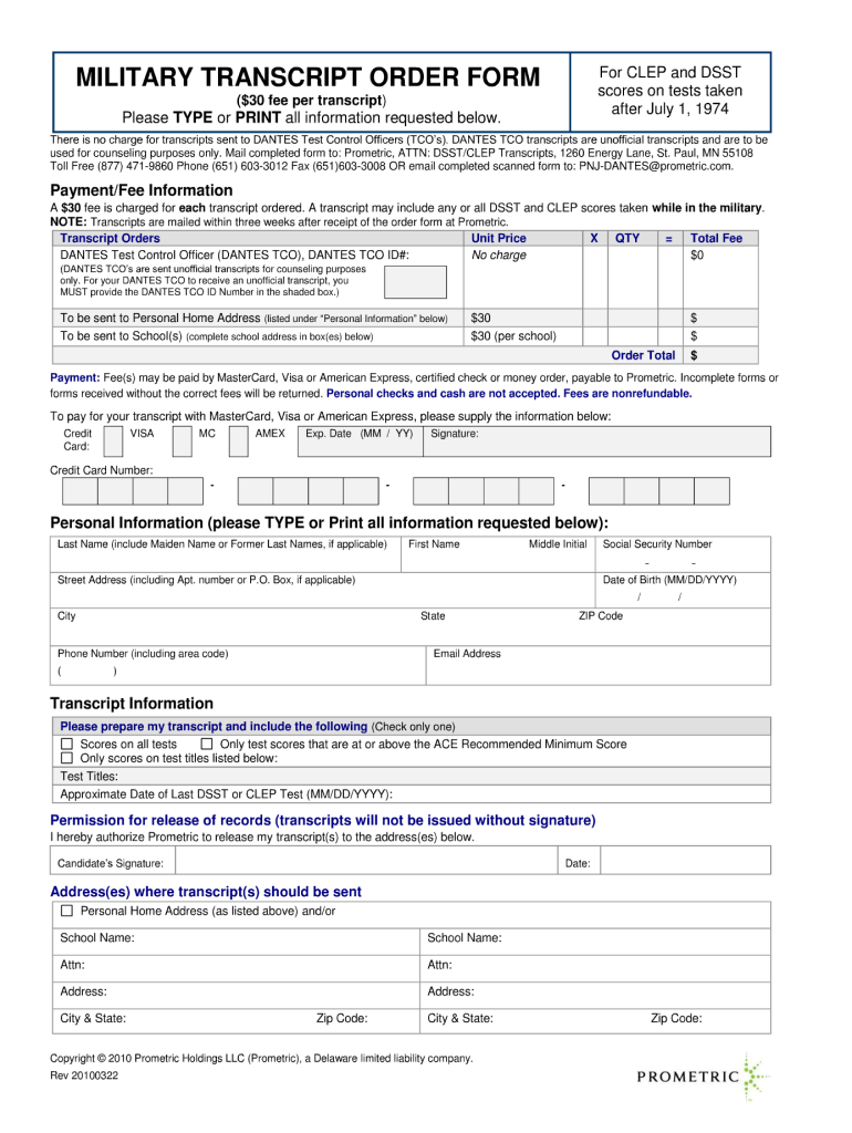  Military Transcript Order Form 2010-2024
