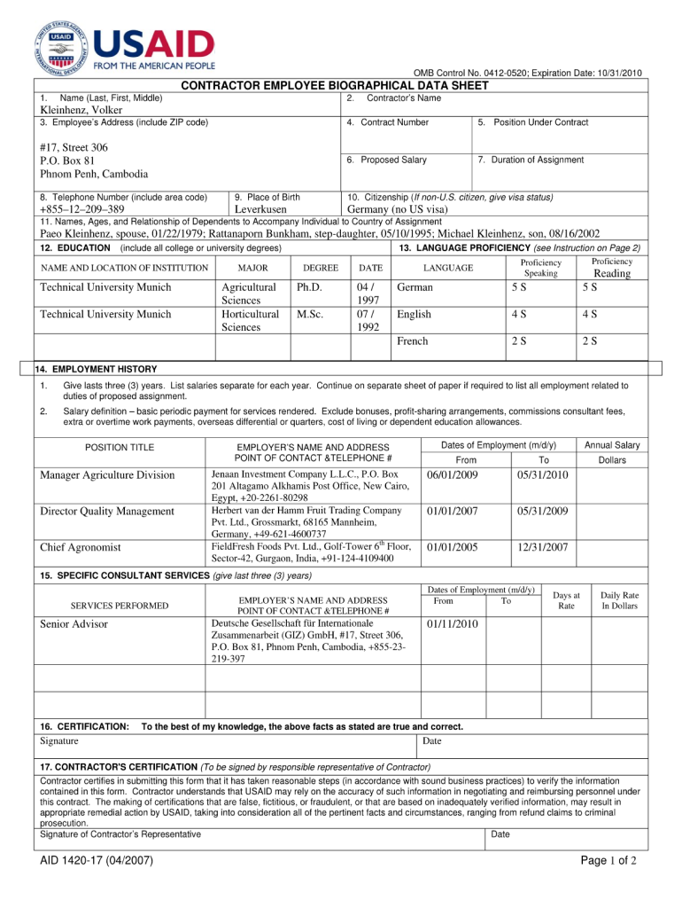 Biographical Data Sheet  Form