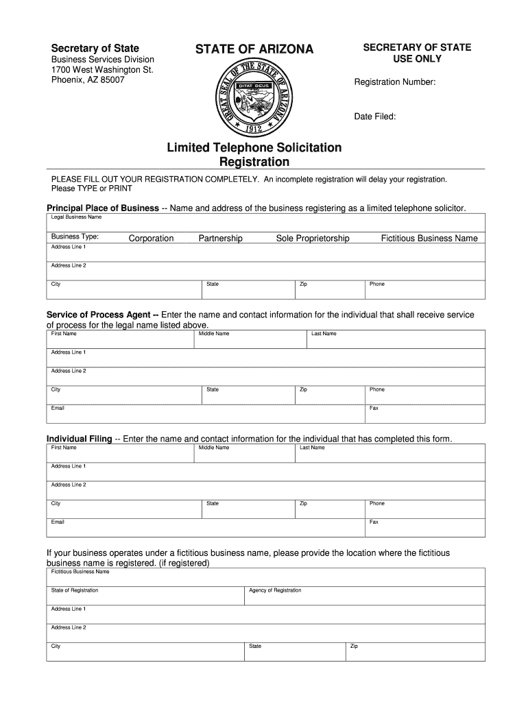 Arizona Telephone Solicitation Registration Application Form