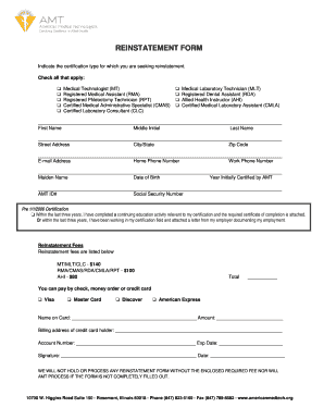 American Medical Technologists Application for Reinstatement Form