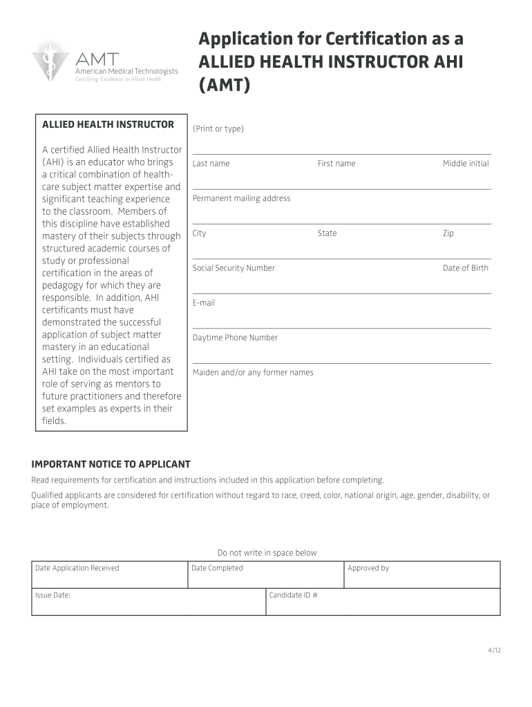 Application for Certification as a ALLIED HEALTH INSTRUCTOR    Americanmedtech  Form