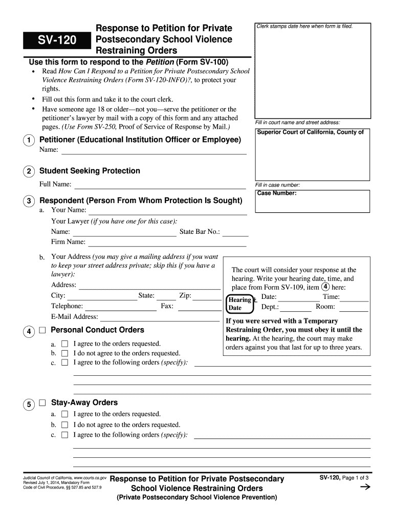  SV 120 Response to Petition for Private Postsecondary School    Courts Ca 2014