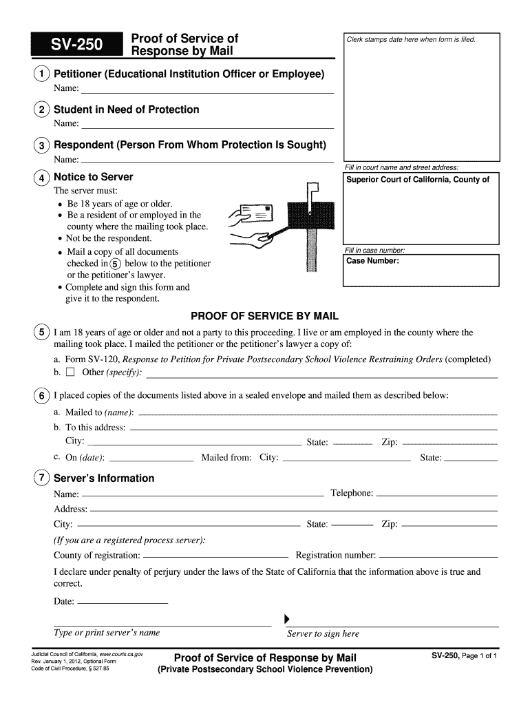  SV 250 Proof of Service of Response by Mail Judicial Council Forms  Courts Ca 2012-2024