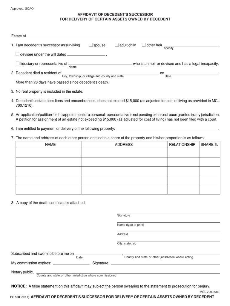  Michigan Small Estate Affidavit Form Pc 598 2011-2024