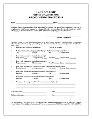 High School Recommendation Form Lane College