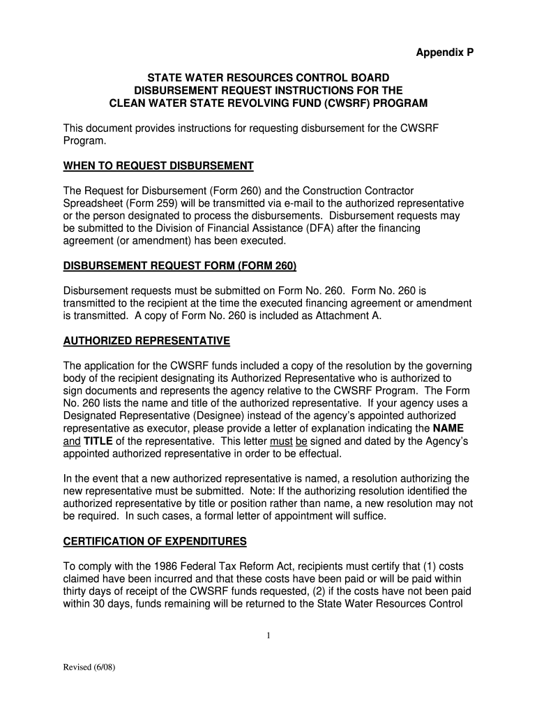  Appendix P STATE WATER RESOURCES CONTROL BOARD DISBURSEMENT REQUEST INSTRUCTIONS for the CLEAN WATER STATE REVOLVING FUND CWSRF 2008-2024