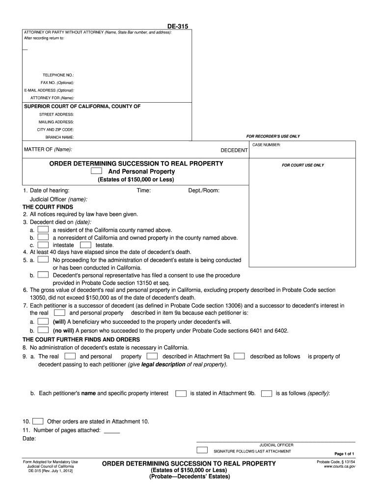  DE 315 ORDER DETERMINING SUCCESSION California Courts Courts Ca 2012