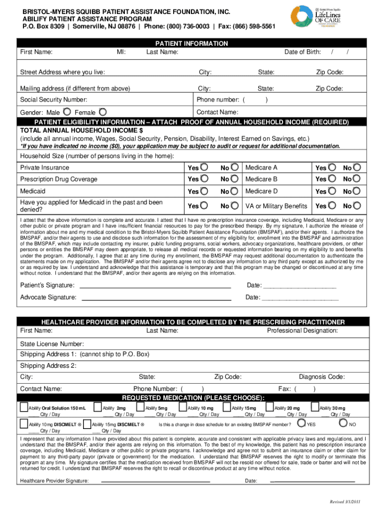 Bristol Myers Squibb Patient Assistance Application PDF  Form