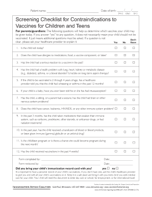  Screening Checklist for Contraindications to Vaccines for Children and Teens Immunize 2015