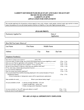 Gkb Headstart and Early Headstart Employments Form