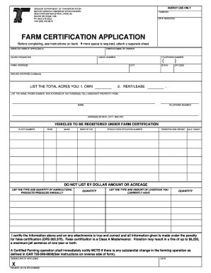 FARM CERTIFICATION APPLICATION Odot State or  Form