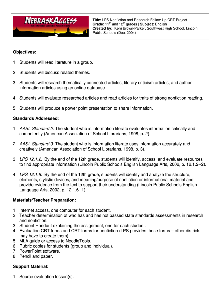 NebraskAccess Lesson Plans LPS Nonfiction and Research Follow  Form