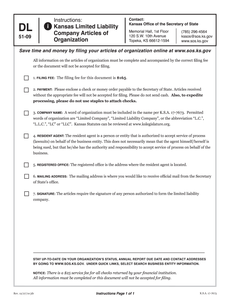  Kansas Limited Liability Company Articles of Organization I Kssos 2010