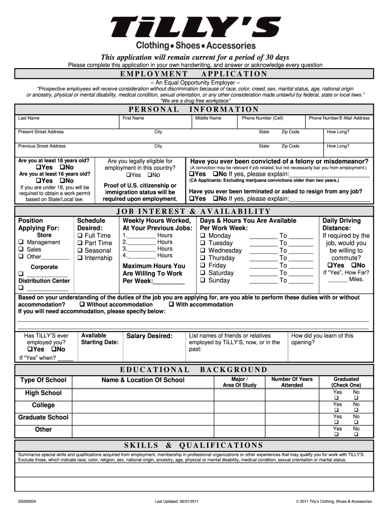 Tillys Application  Form