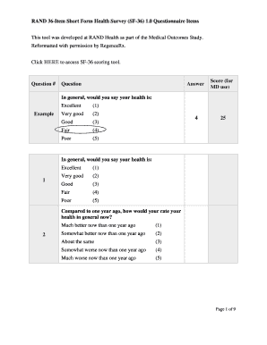 Sf 36 Questionnaire Word Document  Form