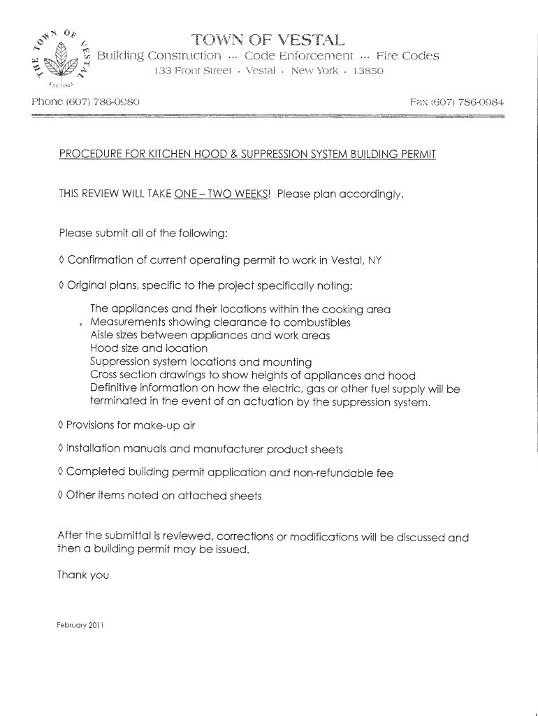 Cooking Hood & Suppression Application  Town of Vestal  Form