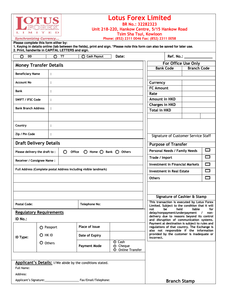 Remittance Application Form  Lotus Forex Limited