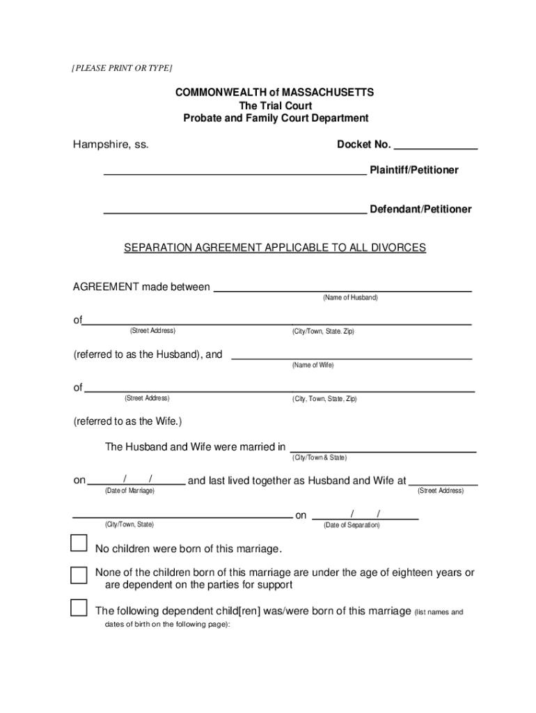  Hampshire Probate and Family Court Sample Separation Agreement Form 2001-2024