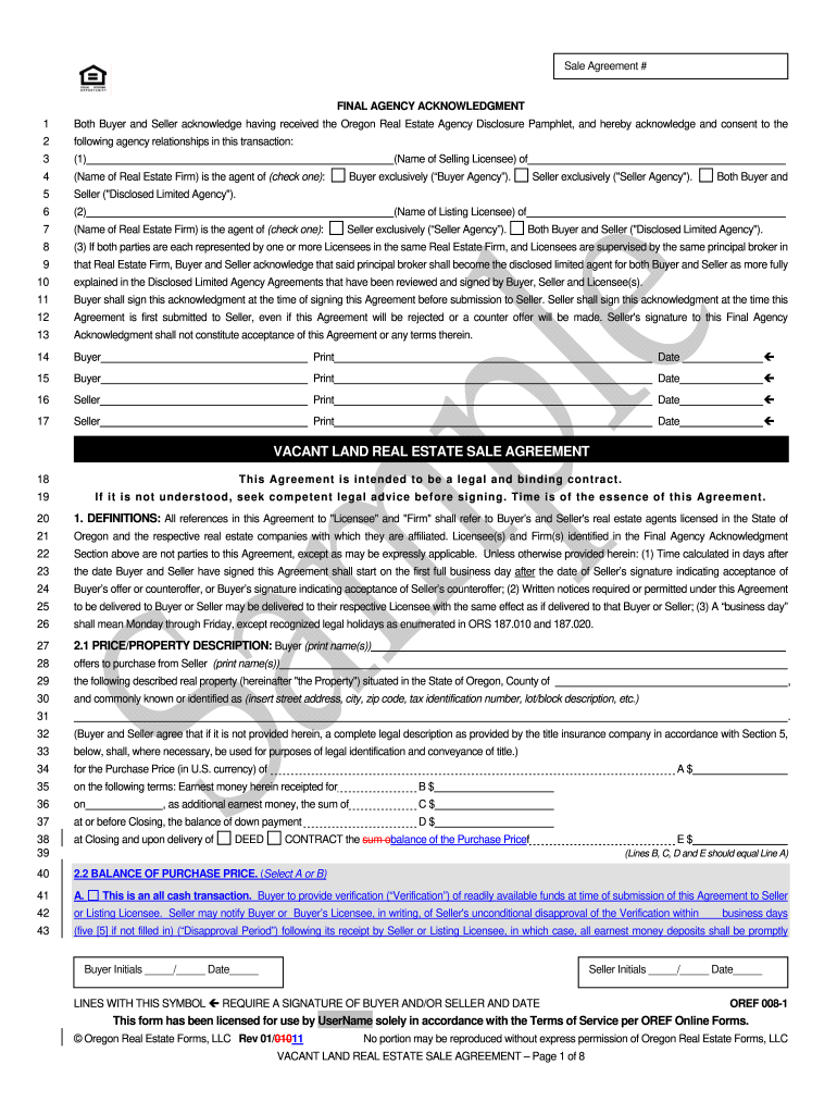 VACANT LAND REAL ESTATE SALE AGREEMENT  Form