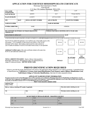 Application for Certified Copy of Death Certificate Mississippi State Msdh Ms  Form