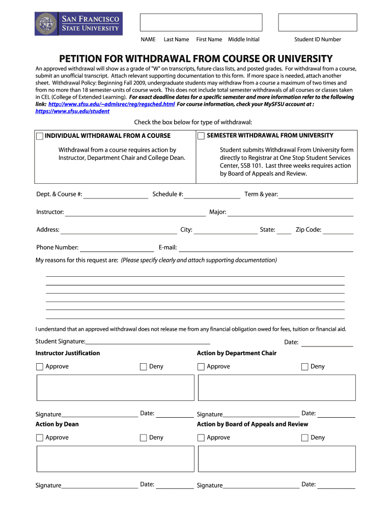 for Withdrawal from a Course, Submit an Unofficial Transcript  Sfsu  Form