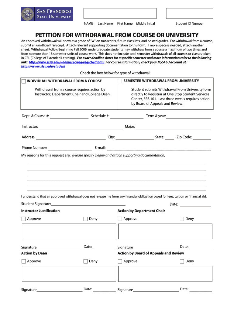 For Withdrawal from a Course, Submit an Unofficial Transcript  Sfsu  Form