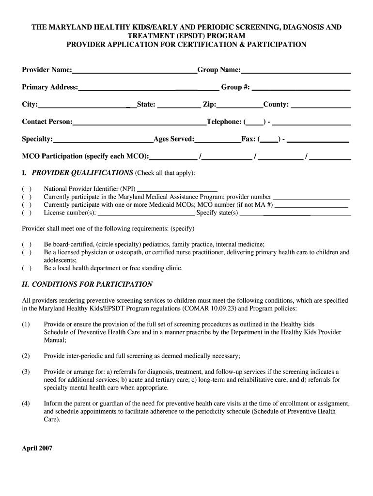 EPSDT PROGRAM PROVIDER APPLICATION for  DHMH Dhmh Maryland  Form