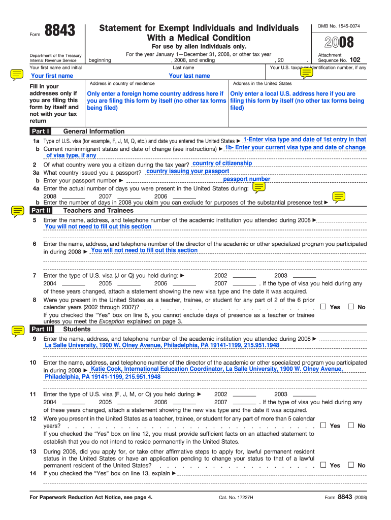  Example of FORM 8843 from Year La Salle University Lasalle 2008