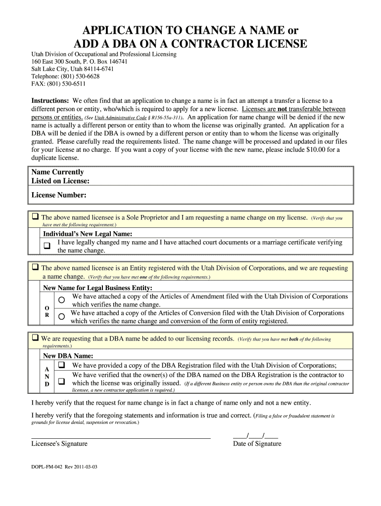 APPLICATION to CHANGE a NAME or ADD a DBA on a    Dopl Utah  Form