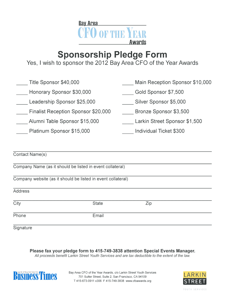 Sponsorship Pledge Form  the Bay Area CFO of the Year Awards  Cfoawards