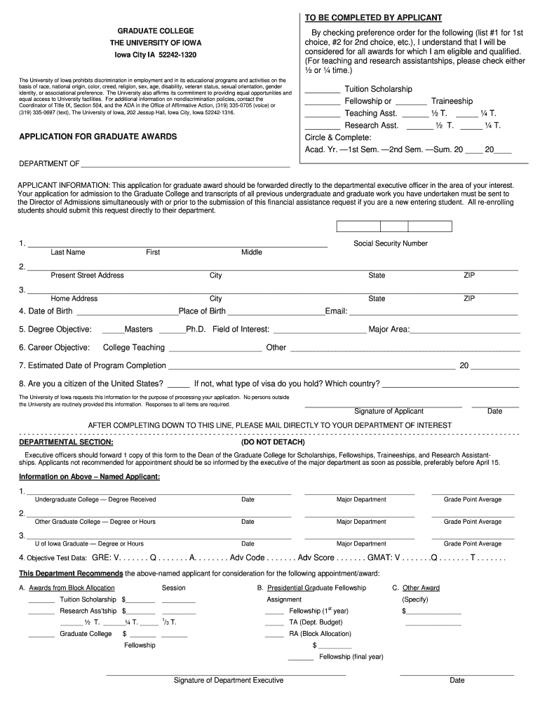 Application for Graduate Awards  University of Iowa  Uiowa  Form