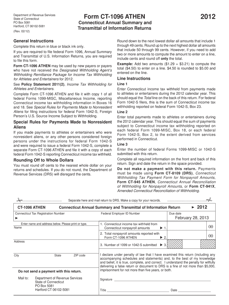 Ct 1096 Fillable Form