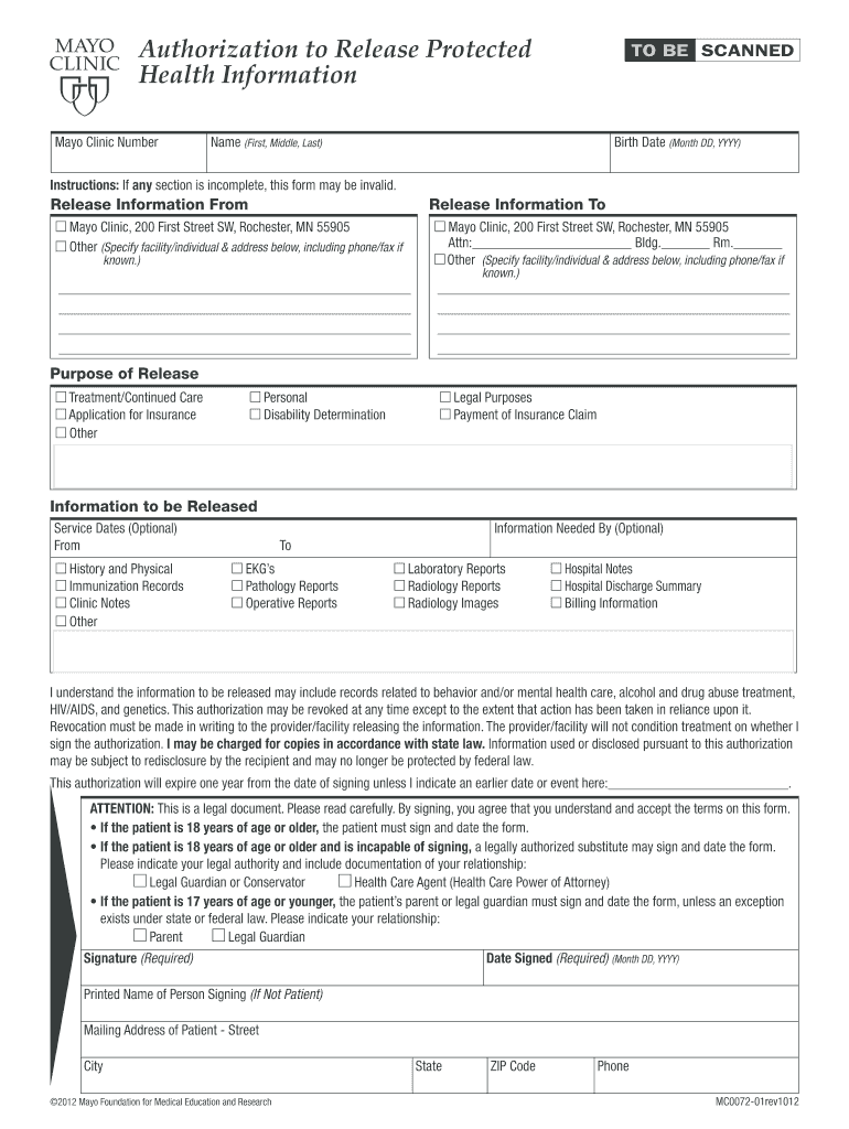 Mayo Clinic Medical Records  Form