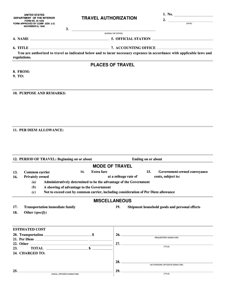 Di 1020 Travel Authorization  Form