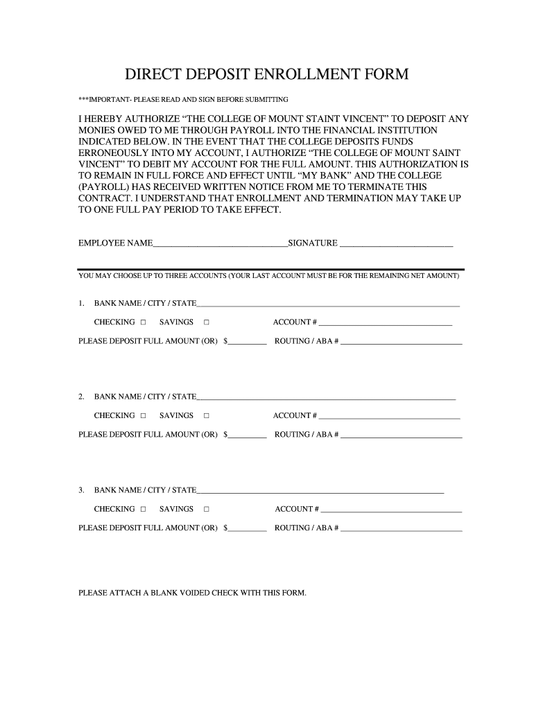 Direct Deposit Enrollment Form  the College of Mount Saint Vincent  Mountsaintvincent