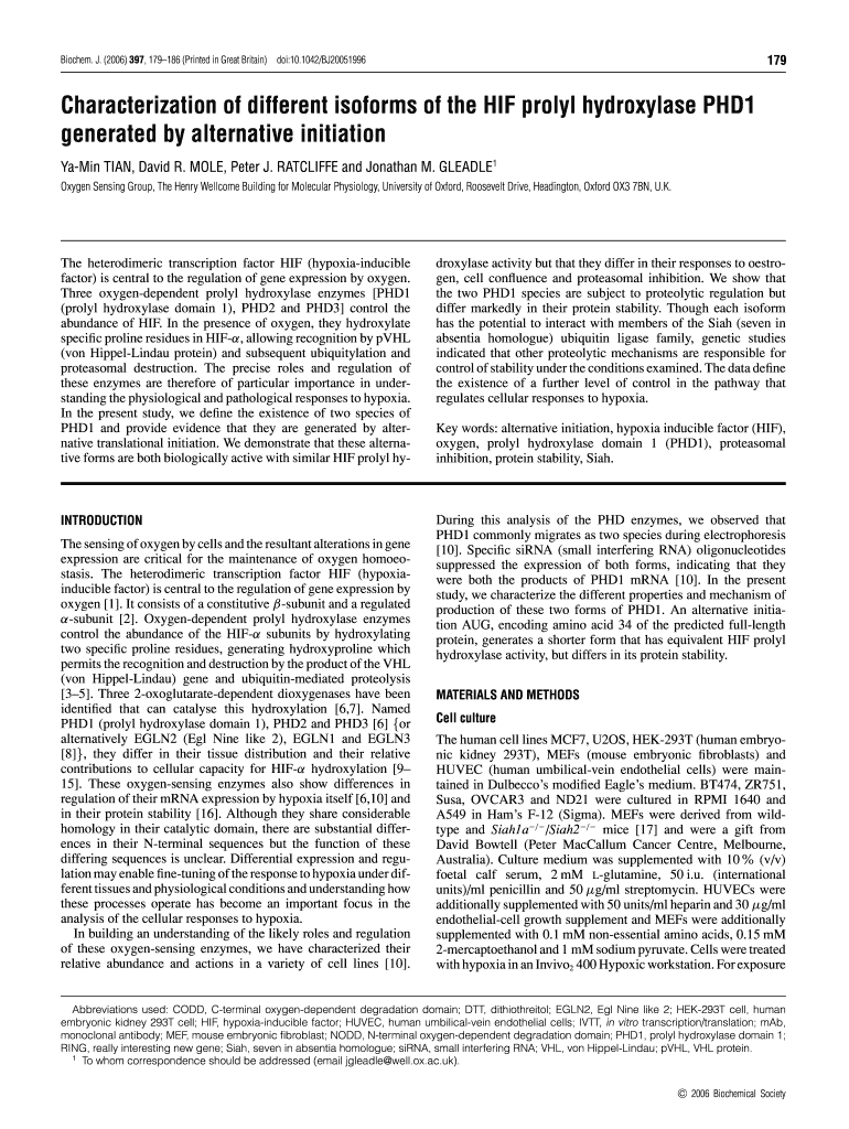 Characterization of Different Isoforms of the HIF Prolyl Hydroxylase Biochemj