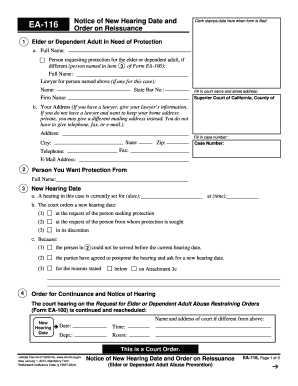  EA 116 Notice of New Hearing Date and Order on Reissuance Judicial Council Forms Courts Ca 2012