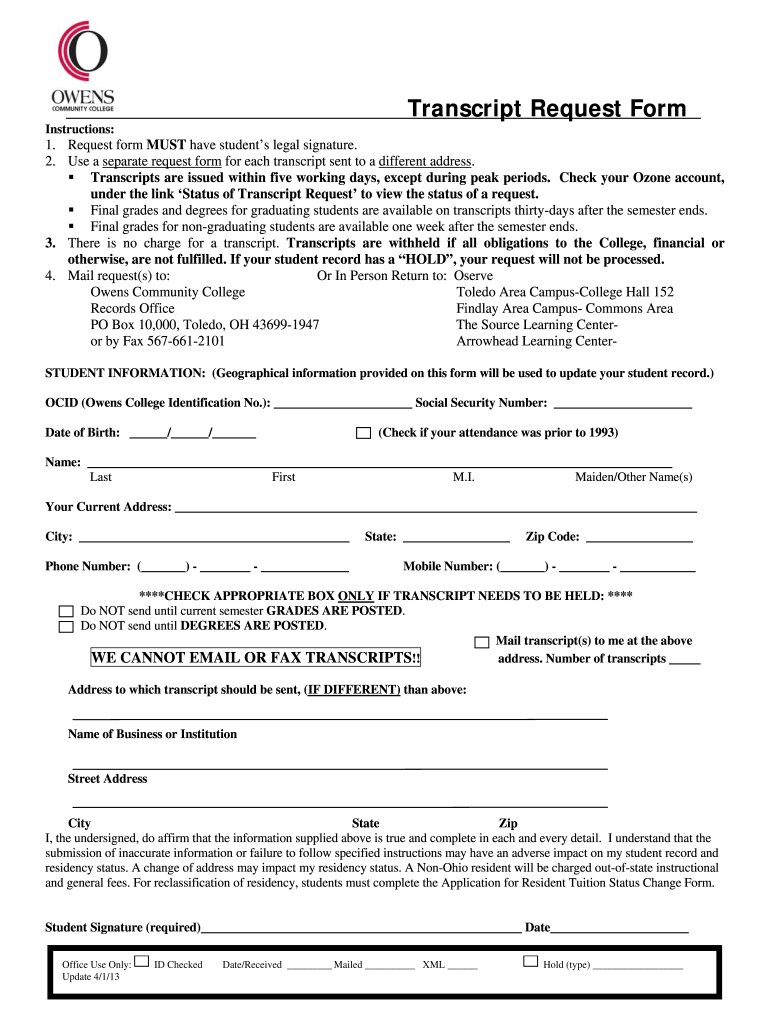  Transcript Request Form  Owens Community College  Owens 2013