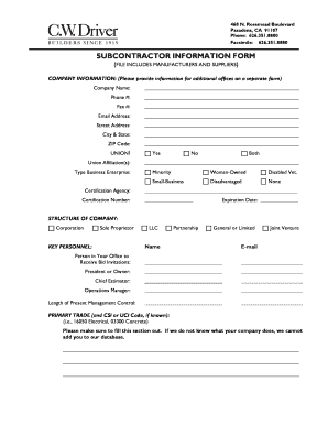 Subcontractor Information Form Template