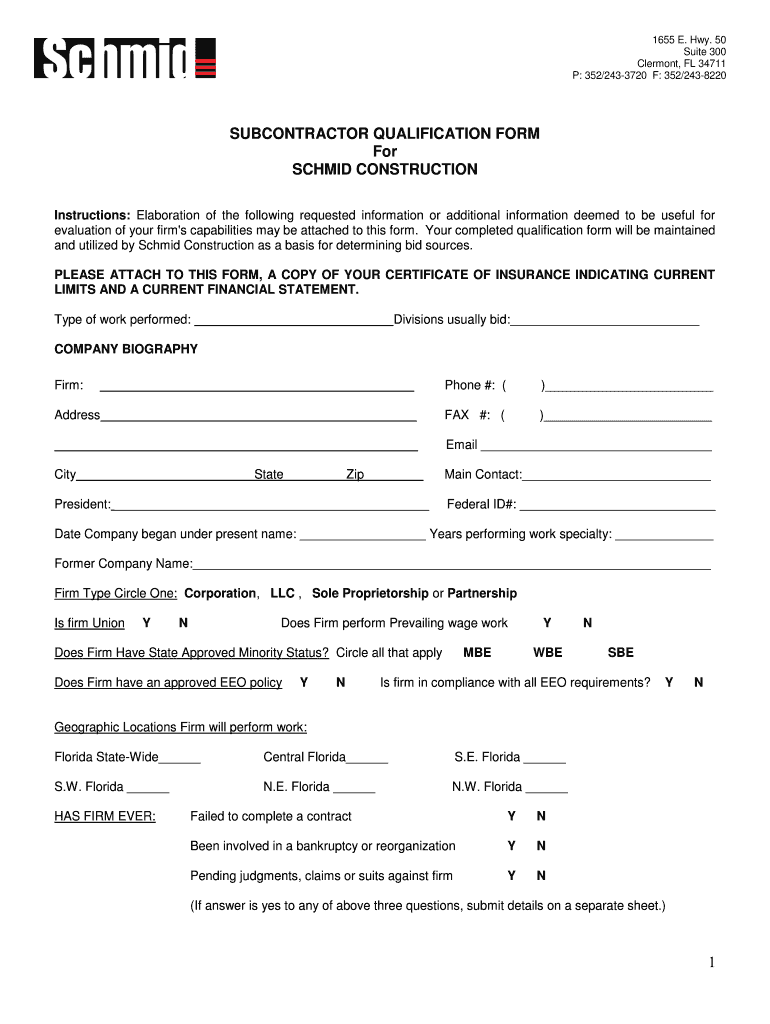 Subcontractor Prequalification Form  Schmid Construction