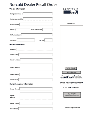 Norcold Dealer Recall Order Thetford  Form