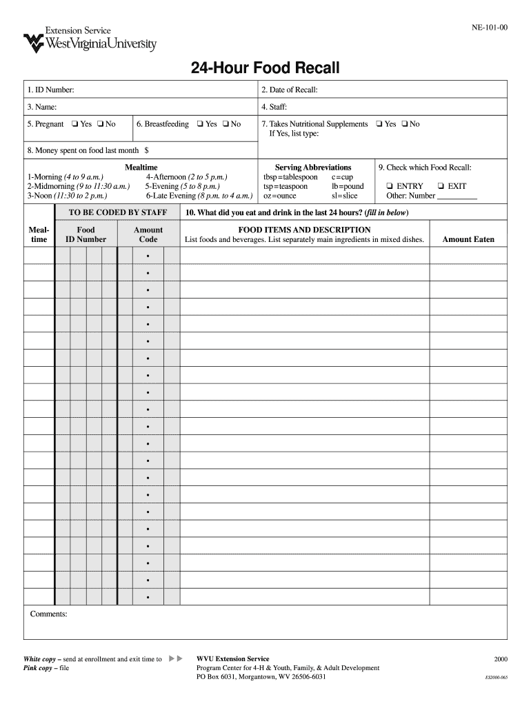  EFNEP 24 Hour Recall Form  Wvu 2000-2024