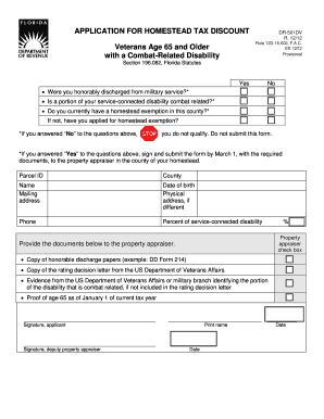 APPLICATION for HOMESTEAD TAX DISCOUNT Veterans Age 65 and Older with a Combat Related Disability  Form