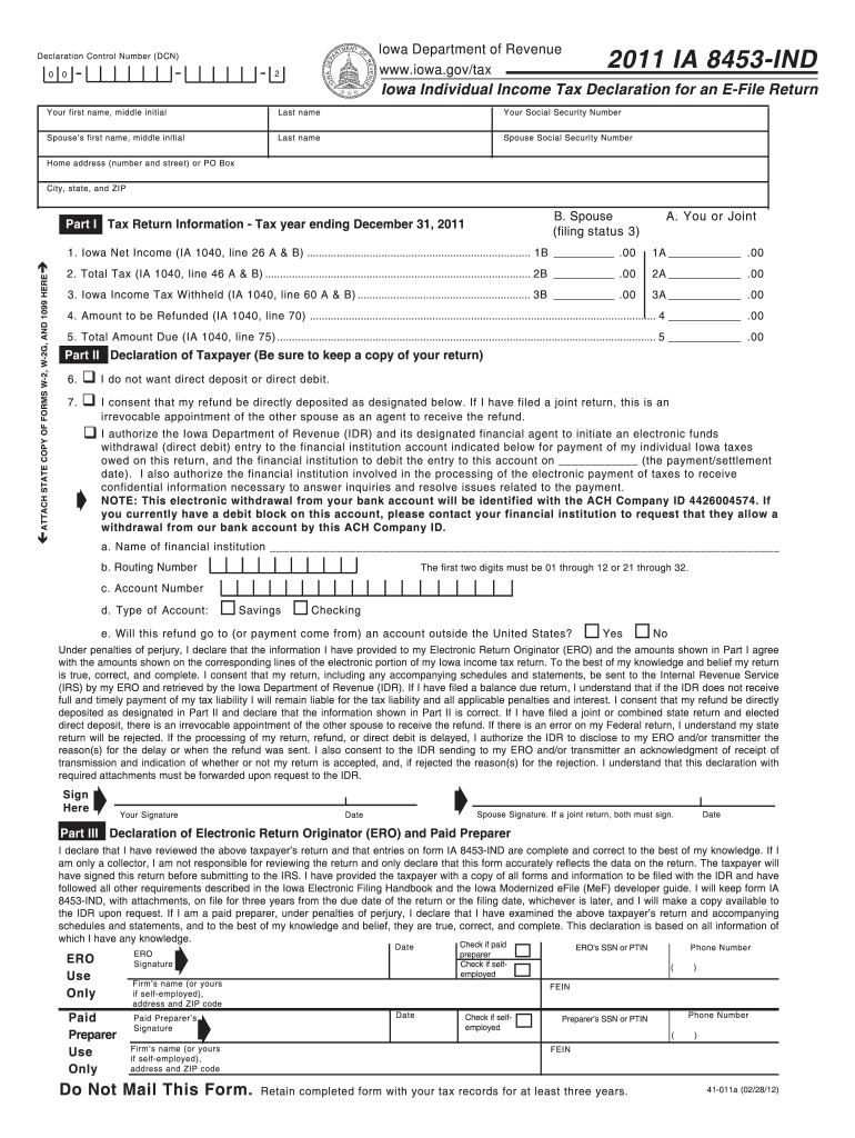  Iowa Department of Revenue Ia 8453 Ind  Form 2011