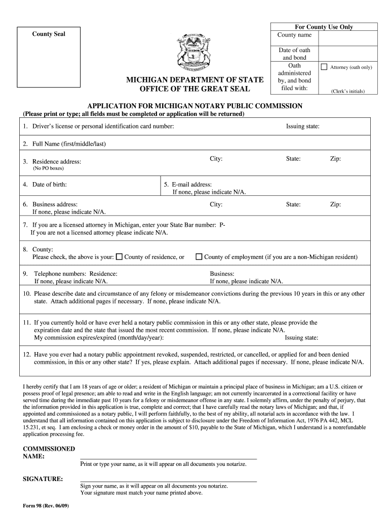Application for Michigan Notary Public 06 09  Deltacountymi  Form