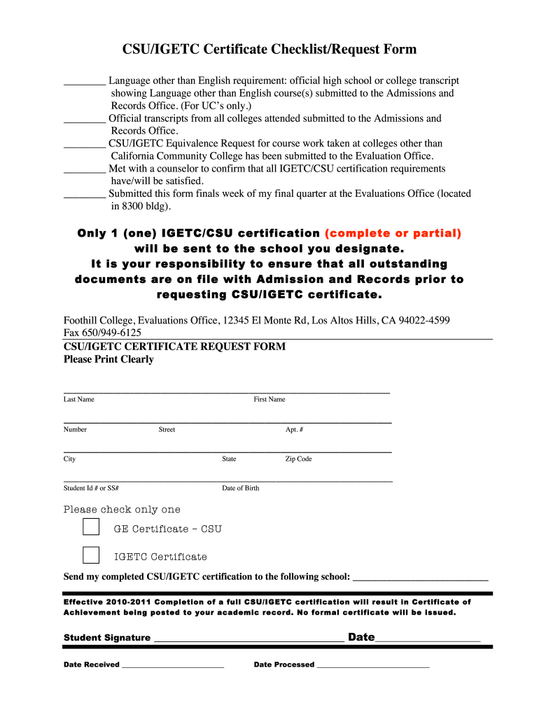 Get and Sign Foothill Igetc 2010-2022 Form